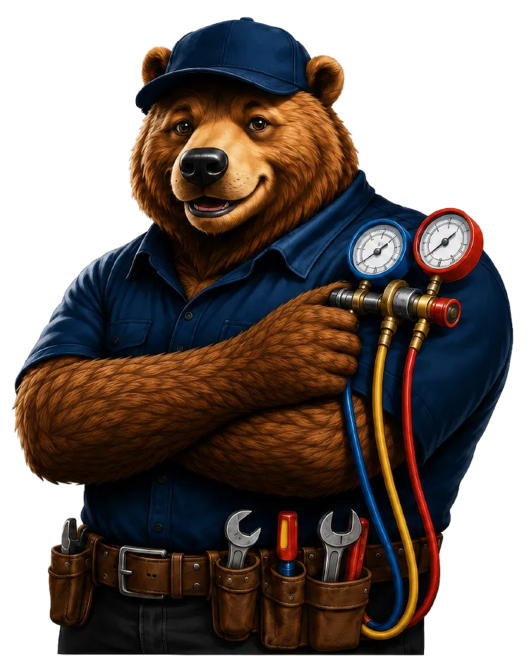 A Good Neighbor Heating & Cooling mascot, a friendly bear technician
